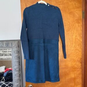 Ann Taylor Navy Long Sleeve Knit & Suede Panel Dress